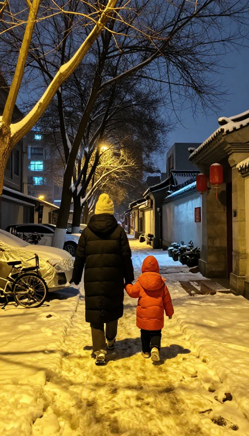 冬夜雪巷温情剪影：成人携童漫步归途