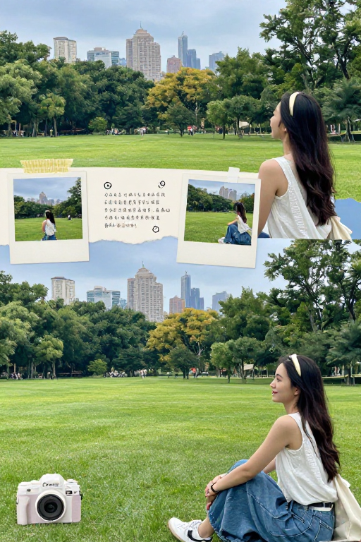 手帐拼贴中的旅行者静谧城市公园风景