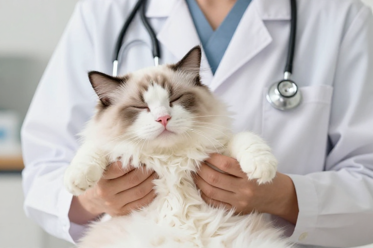 安睡布偶猫与专业兽医的宁静时刻