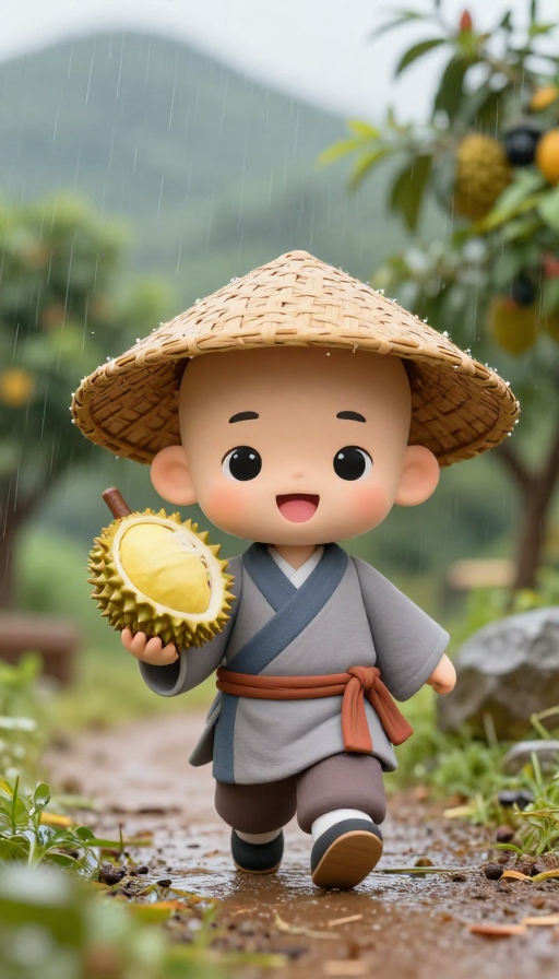 细雨果园中的呆萌和尚玩偶Q版全身照