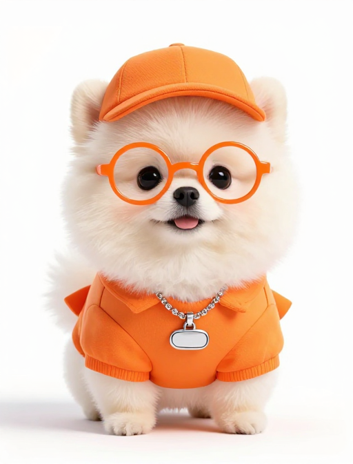 萌趣博美犬:橘色配饰时尚卡通形象