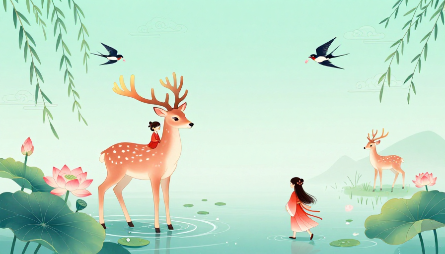 青绿水墨·粉鹿童梦:东方诗意插画