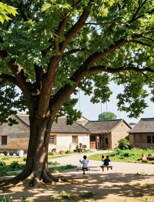 夏日乡村童趣：老画报手绘的秋千时光
