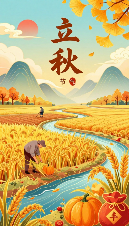 新中式立秋丰景：金黄稻浪与丰收节令