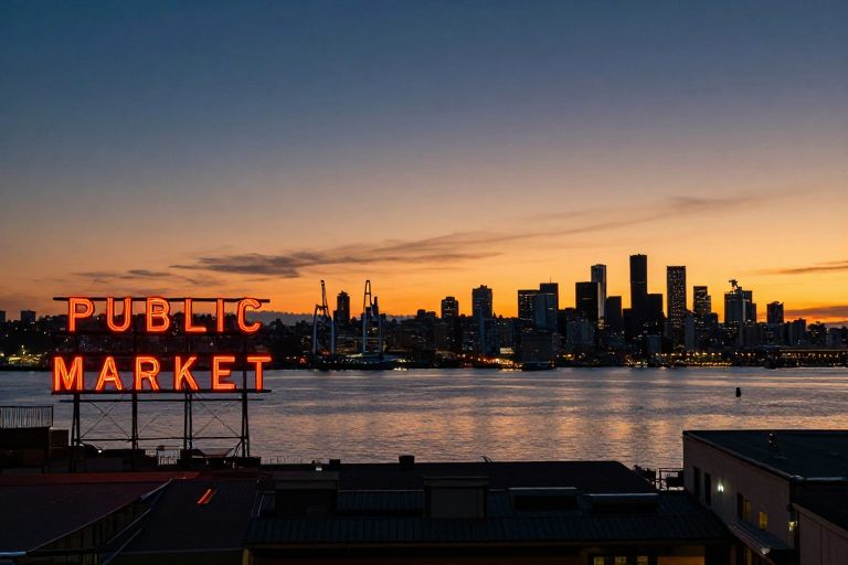 夜幕下的派克市场：霓虹与日落的交响