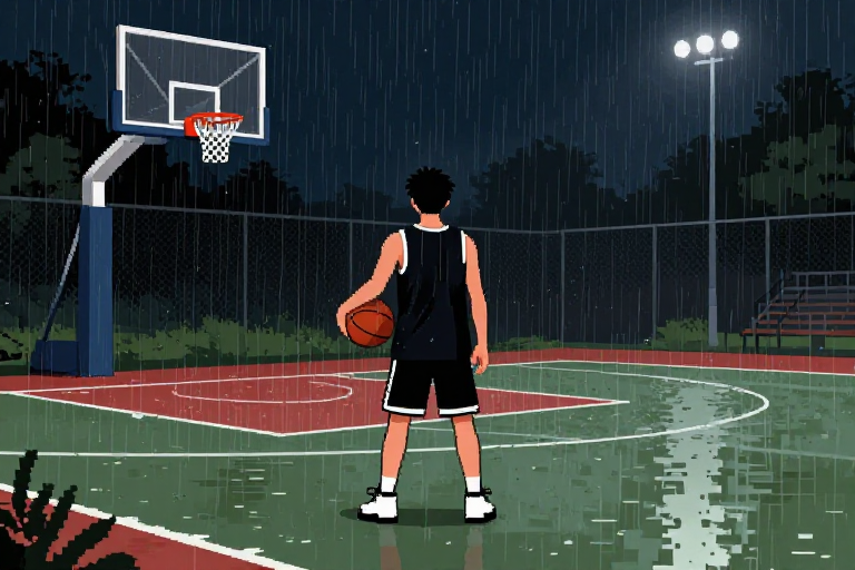 像素风雨夜:孤独少年持球篮下