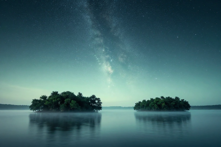 静谧夜空下的双岛湖景与星河之美