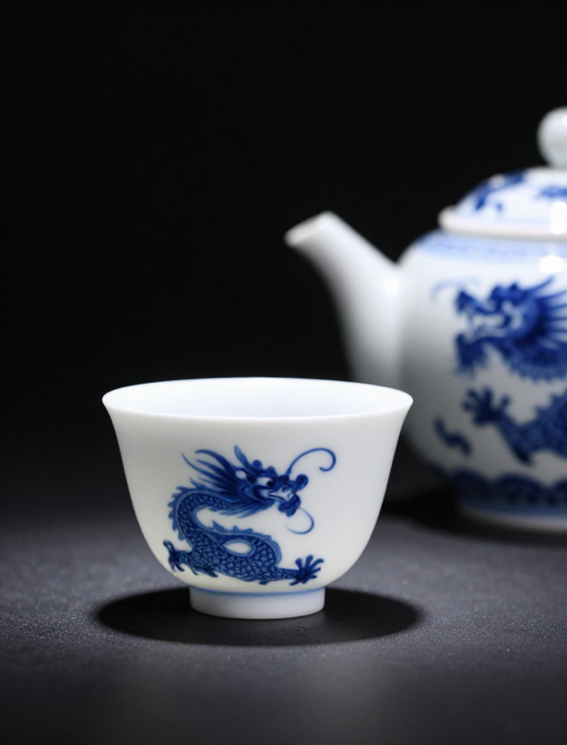 青花磨砂茶具黑底聚光图 龙凤传统工艺
