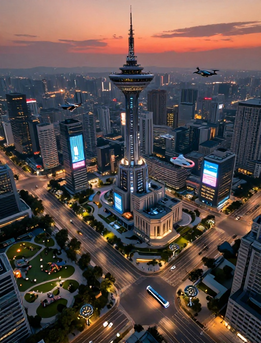 未来机械都市全景:黄昏光影与科技交融