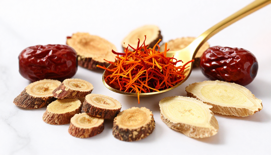 金勺倾泻藏红花，众材环绕，中医药材质感摄影