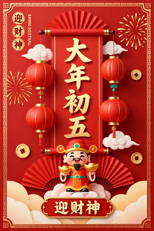 新春迎财神:红金融合的中国风春节插画海报