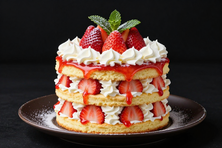 奢华草莓蛋糕塔：黑底柔光下的美味艺术