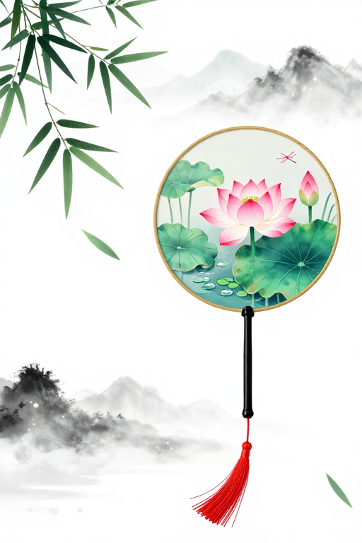 青莲映荷·水墨团扇诗意留白中国风背景图
