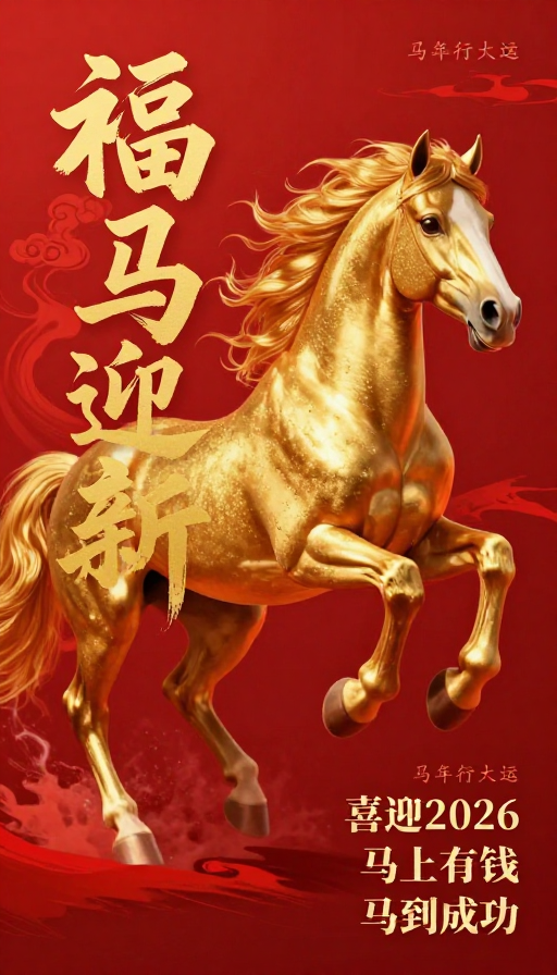 福马迎新:金色骏马中国风插画