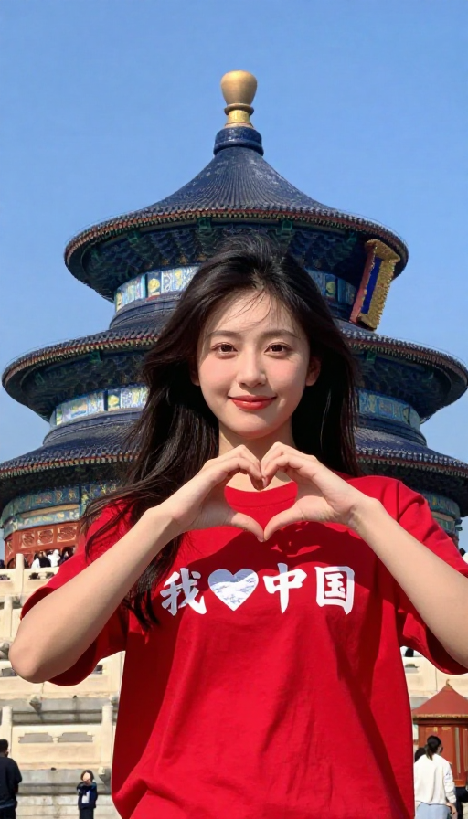 北京天坛前年轻女性比心，展现国庆爱国热情