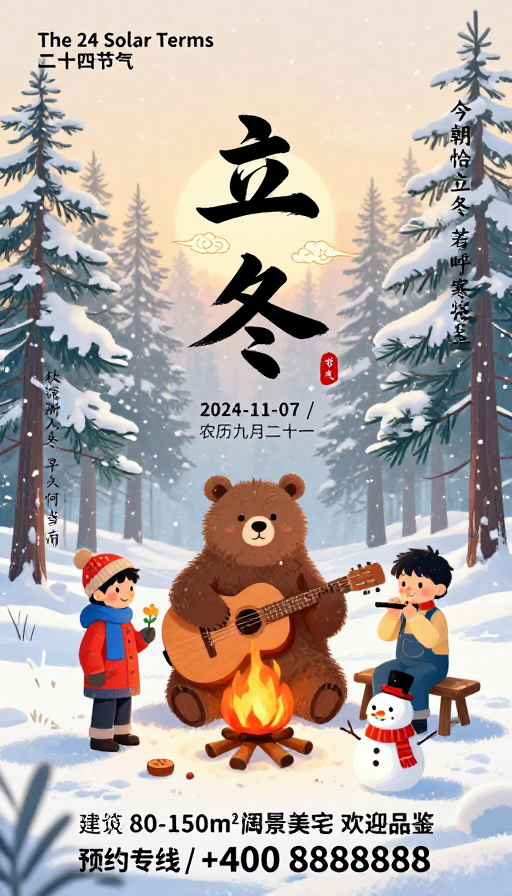 冬日暖阳：立冬治愈插画海报