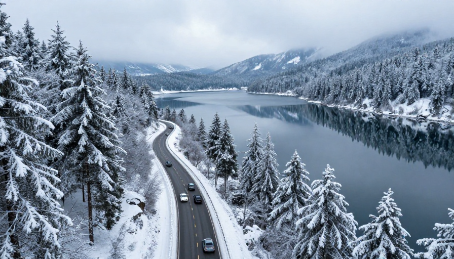 雪覆山谷与蜿蜒公路:冬日宁静景观摄影