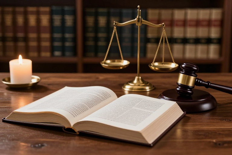 温暖光影下的司法庄严：法律文书与法槌摄影