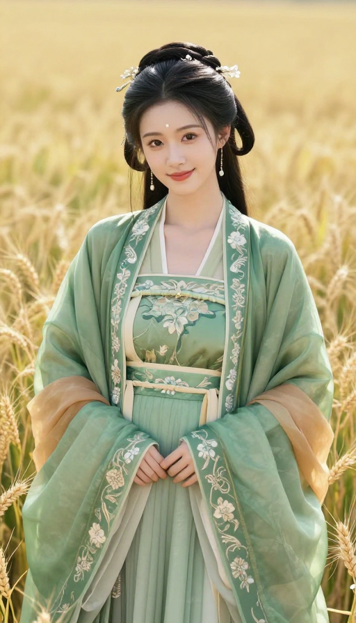 绿衣少女笑迎麦田，电影质感人像