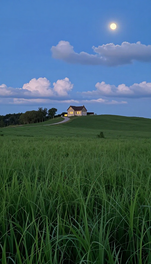 超写实治愈夜景：月光下的乡间小屋与宁静草地