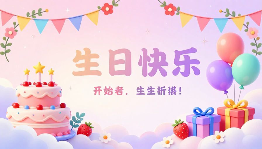 梦幻粉紫生日贺卡：甜美插画庆祝你的特别日