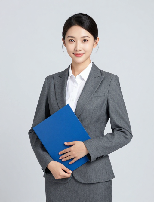专业女性商务形象:灰色西装与亲和微笑