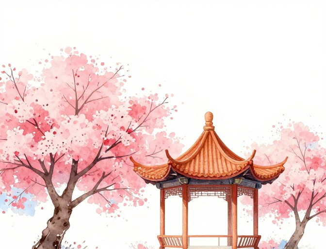 水彩淡雅春日庭院，樱花环绕中式古亭
