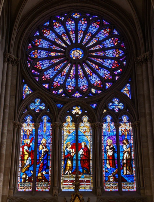 哥特教堂巨型玫瑰窗彩玻光影艺术摄影
