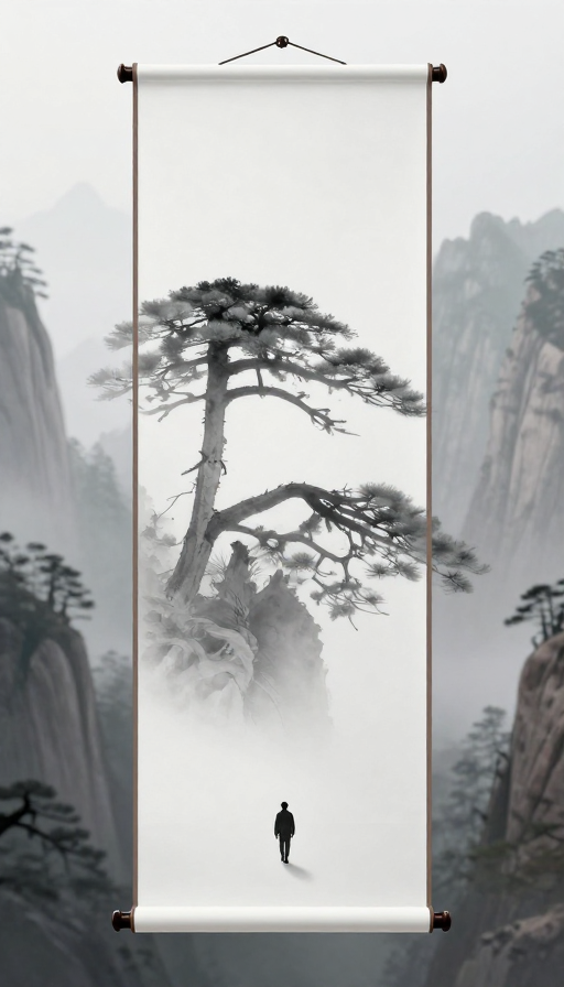 东方极简：缥缈卷轴中的黄山迎客松与渺小人影