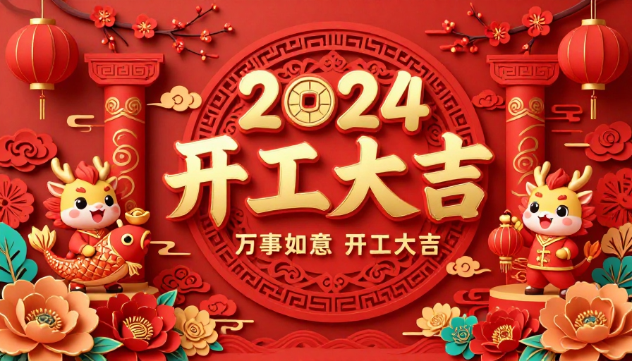 喜庆中国风新年开工海报,2024金色立体字设计