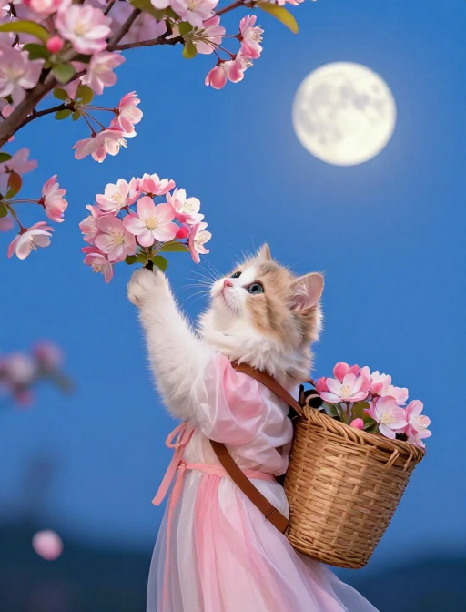 明艳海棠夜月下，萌宝背篓小猫举花