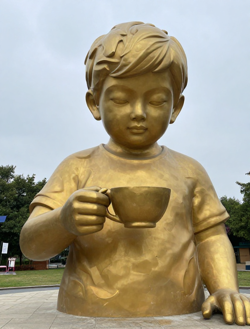童心未泯:巨型孩童塑雕手持茶杯的艺术展现