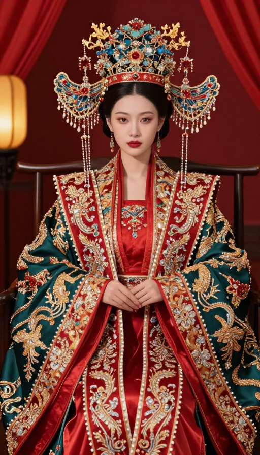 奢靡红绿古风嫁衣:凤冠霞帔艺术照