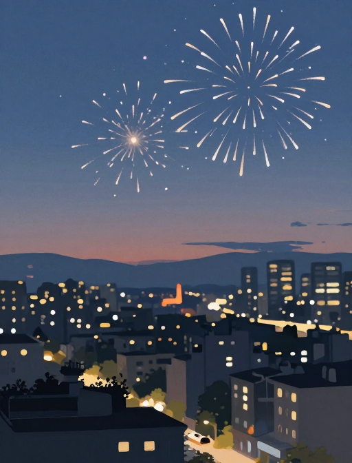 清冷夜色烟火：极简厚涂城市夜景插画
