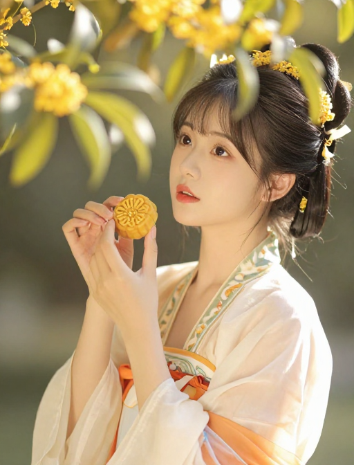 秋日暖阳中的唐代女子与桂花糕的朦胧画卷