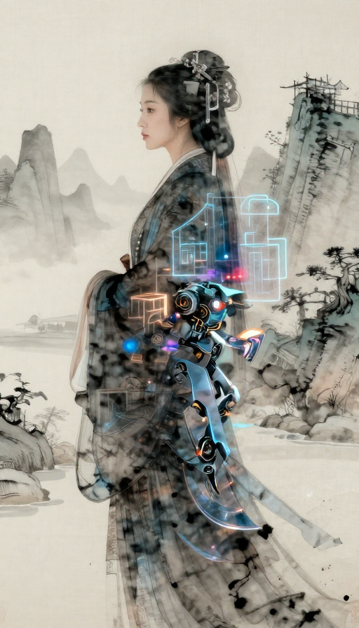 工笔机甲双面影:水墨与霓虹的双重艺术