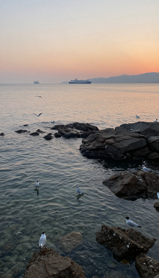 碧海落日:岩石与海鸥的宁静海岸时光