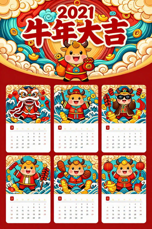 喜庆国潮风2021牛年主题日历海报
