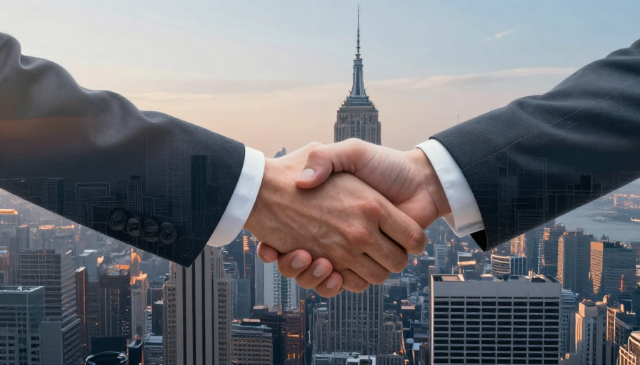 携手共创新未来：超现实商务握手图