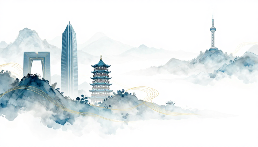 青蓝水墨意境与现代建筑交融的东方艺术背景