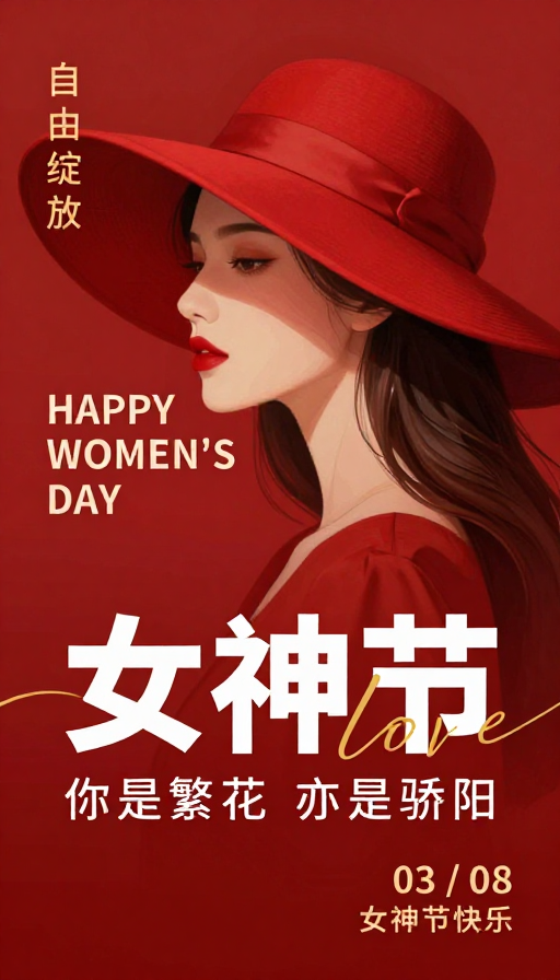 红金优雅女神节主题插画海报