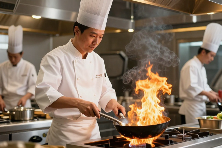 专业亚洲厨师烹饪现场:暖光与烈焰交织的餐饮宣传佳作