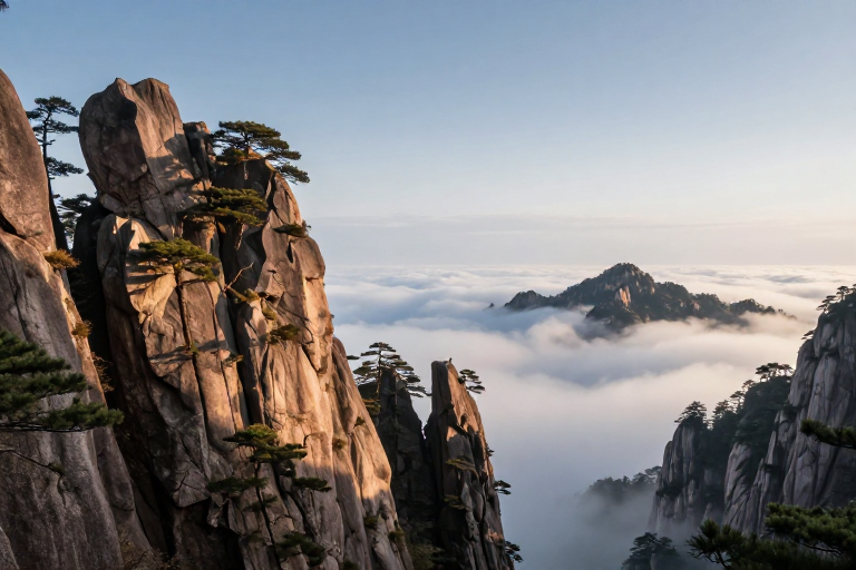 柔光下的黄山奇峰与云海