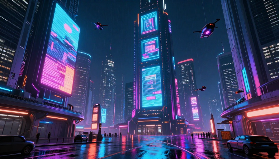 霓虹光影下的未来赛博都市夜景