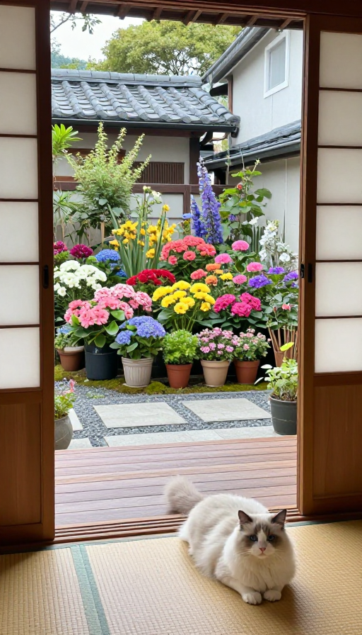 蓝眼布偶猫卧于繁花日式庭院