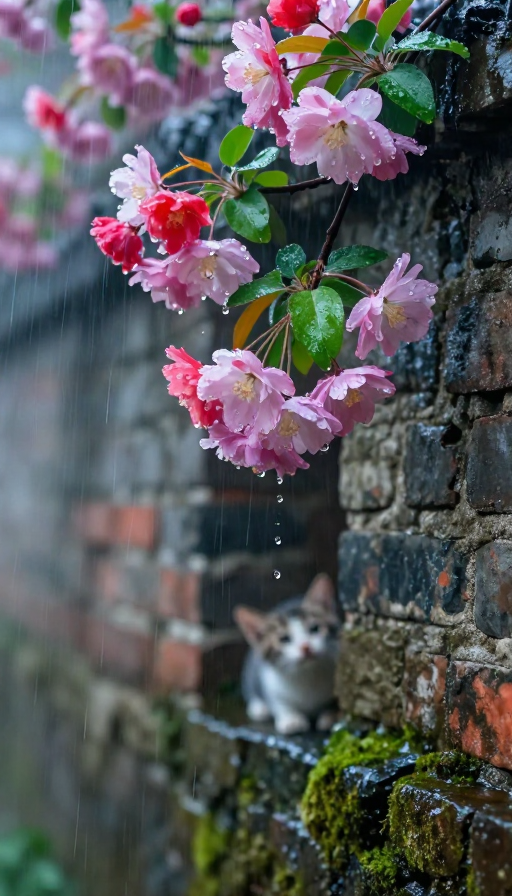 雨中海棠与奶猫:静谧角落的梦幻画卷