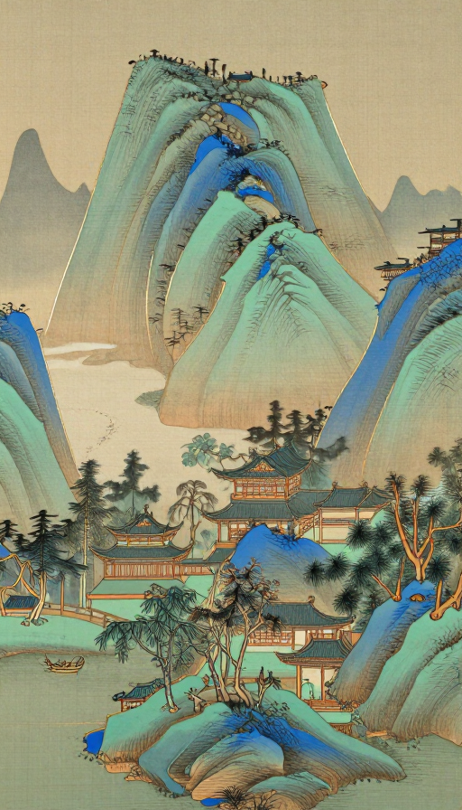金线勾勒的蓝绿山水：传统工笔意境