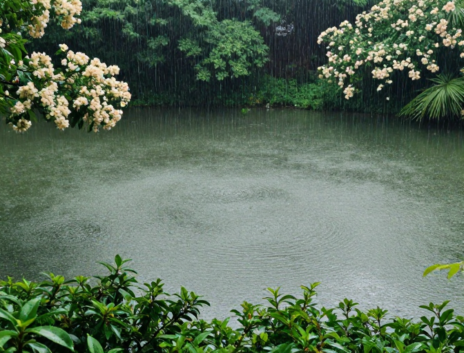 冷色调雨中池塘,静谧自然生态意境