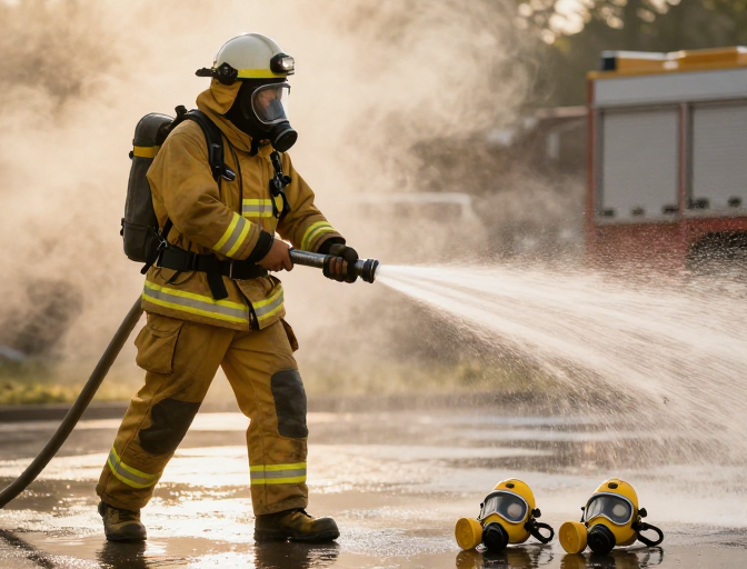 消防员高压水枪灭火瞬间 暖光渲染专业救援现场