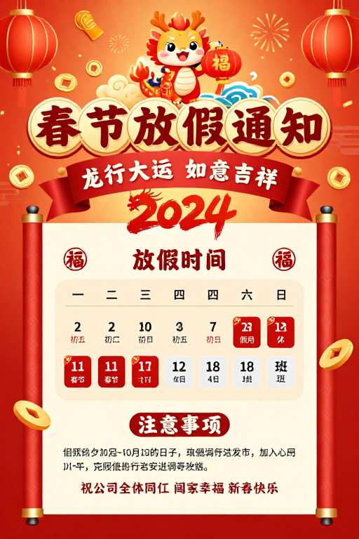 红金中国风春节放假通知海报